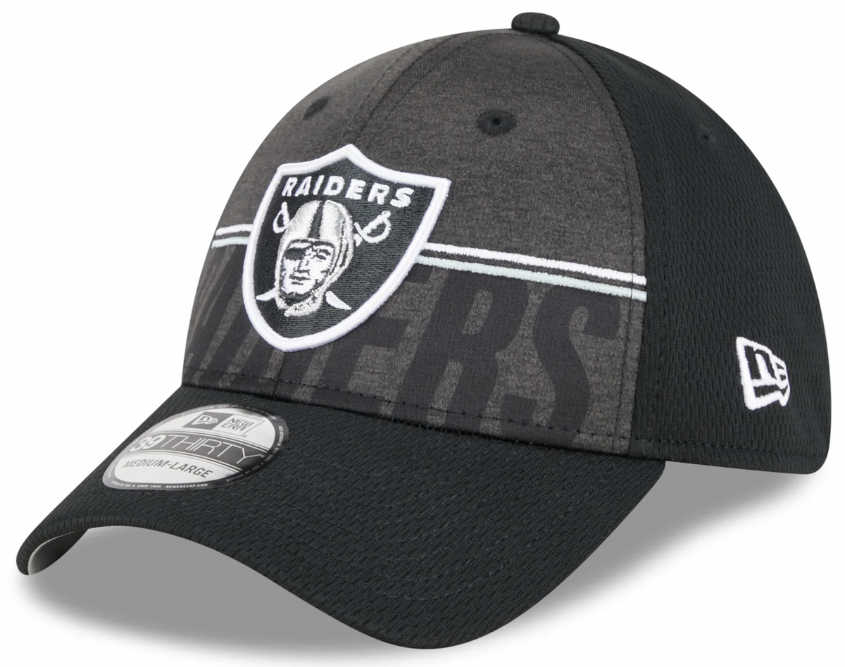 Las Vegas Raiders New Era NFL 2023 Training Camp Black Primary Logo 39THIRTY Flex Fit Hat for Men product image 1, provided