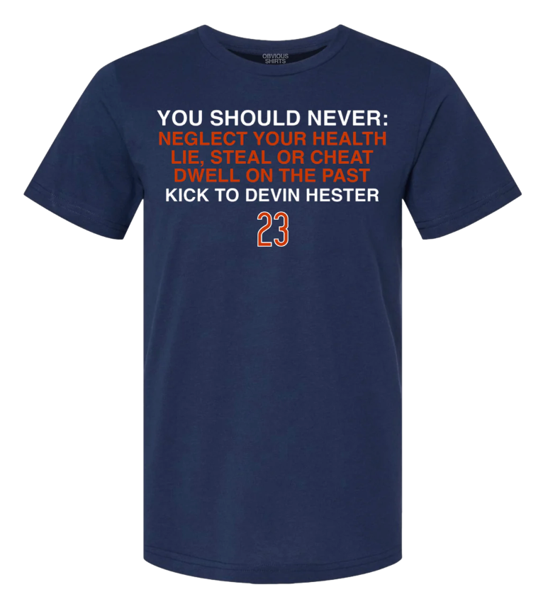 You Should Never Kick To Devin Hester By Obvious Shirts Navy T-Shirt for Men product image 1, provided for visual reference
