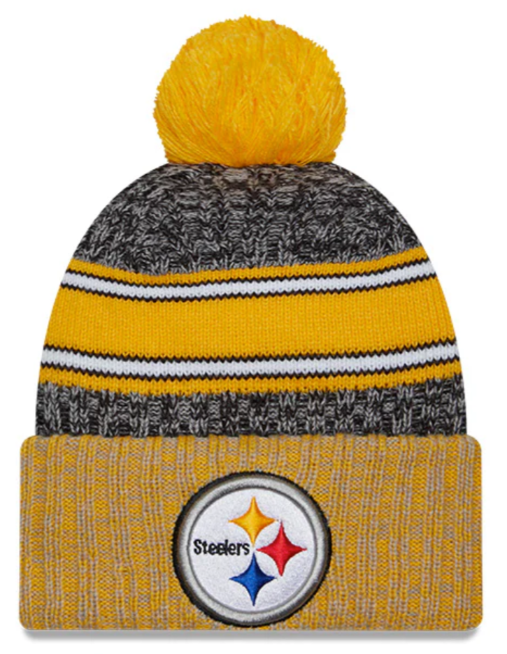 Pittsburgh Steelers New Era Black/Yellow 2023 Sideline Cuffed Knit Hat With Pom for Men product image 1, provided for visual