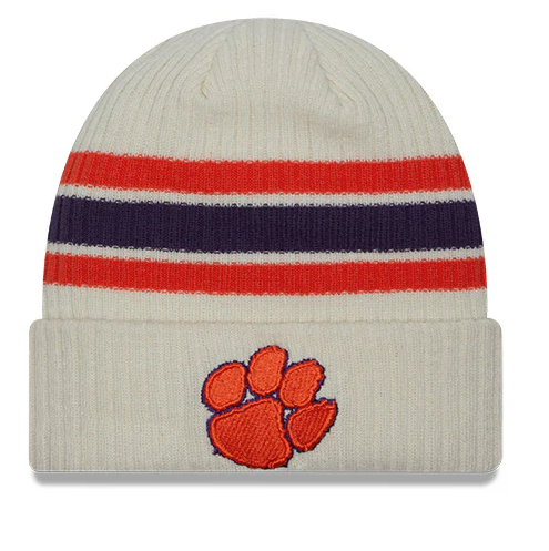 Clemson Tigers New Era Off White Vintage Cuffed Knit Hat product image 1, provided for visual reference and product detail