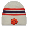 Clemson Tigers New Era Off White Vintage Cuffed Knit Hat product image 1, provided for visual reference and product detail