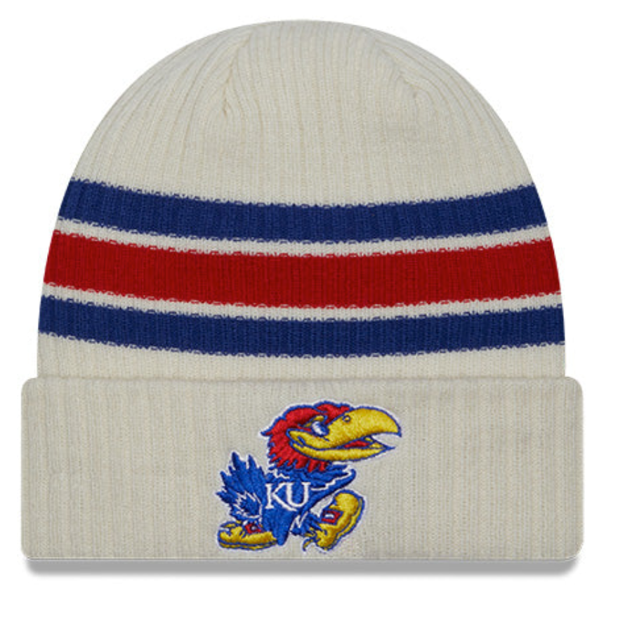 Kansas Jayhawks New Era Off White Vintage Cuffed Knit Hat product image 1, provided for visual reference and product detail