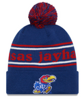 Kansas Jayhawks Blue New Era Marquee Cuffed Knit Hat with Pom product image 1, provided for visual reference and product