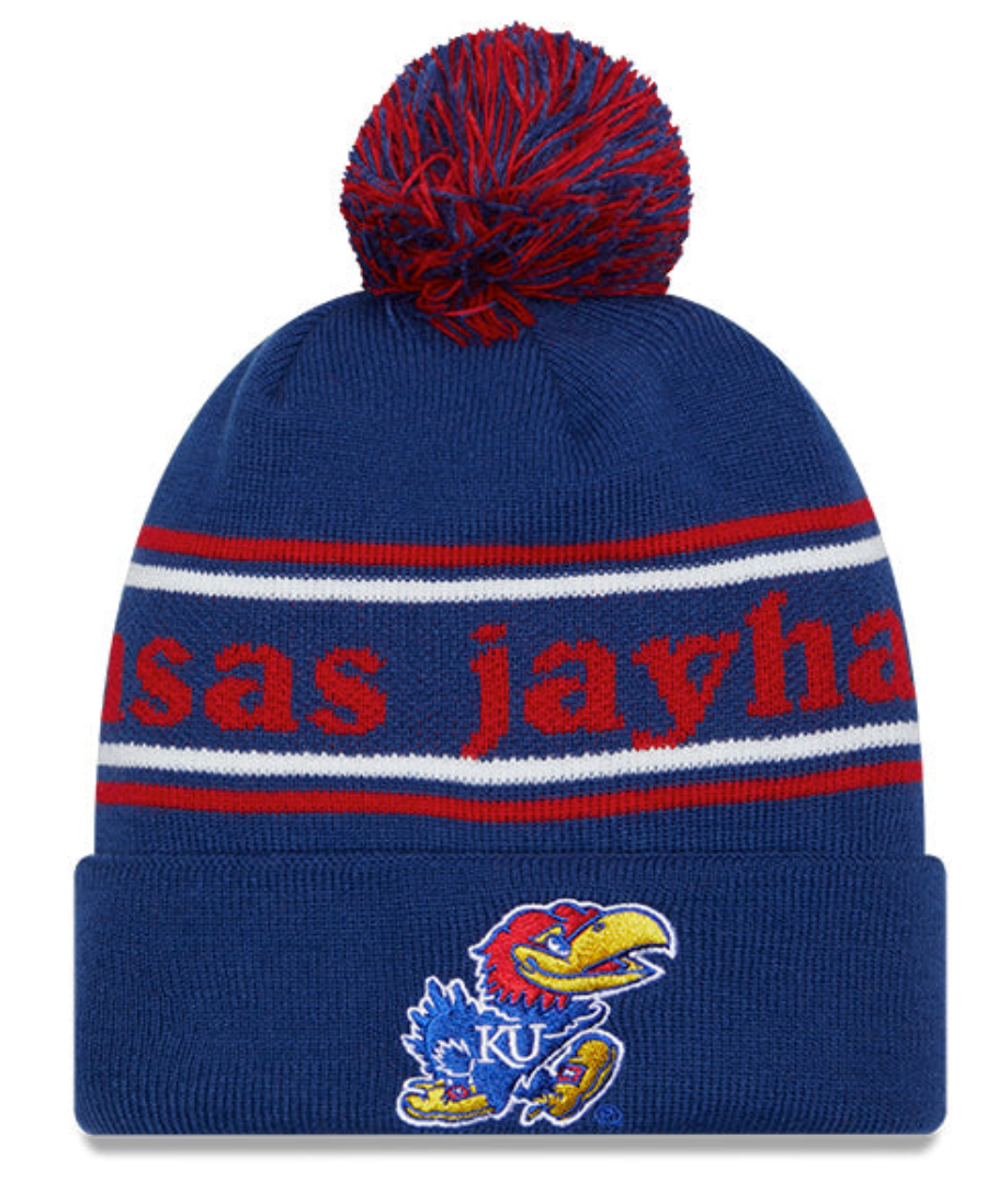 Kansas Jayhawks Blue New Era Marquee Cuffed Knit Hat with Pom product image 1, provided for visual reference and product