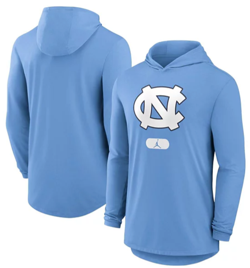 North Carolina Tar Heels Jumpman Valor Blue Nike Long Sleeve Hooded T-Shirt for Men product image 1, provided for visual