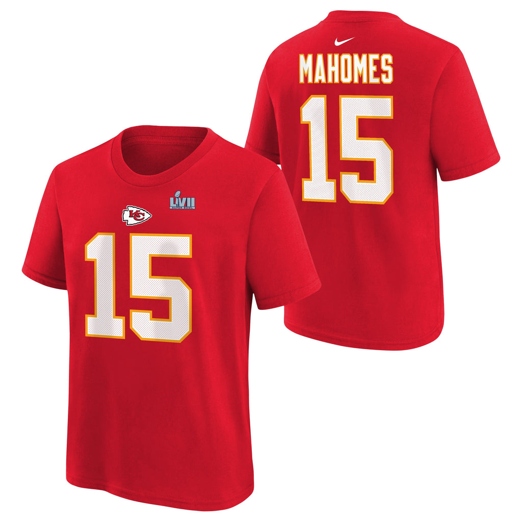 Youth Kansas City Chiefs Patrick Mahomes Nike Red Super Bowl LVII Name & Number T-Shirt product image 1, provided for visual