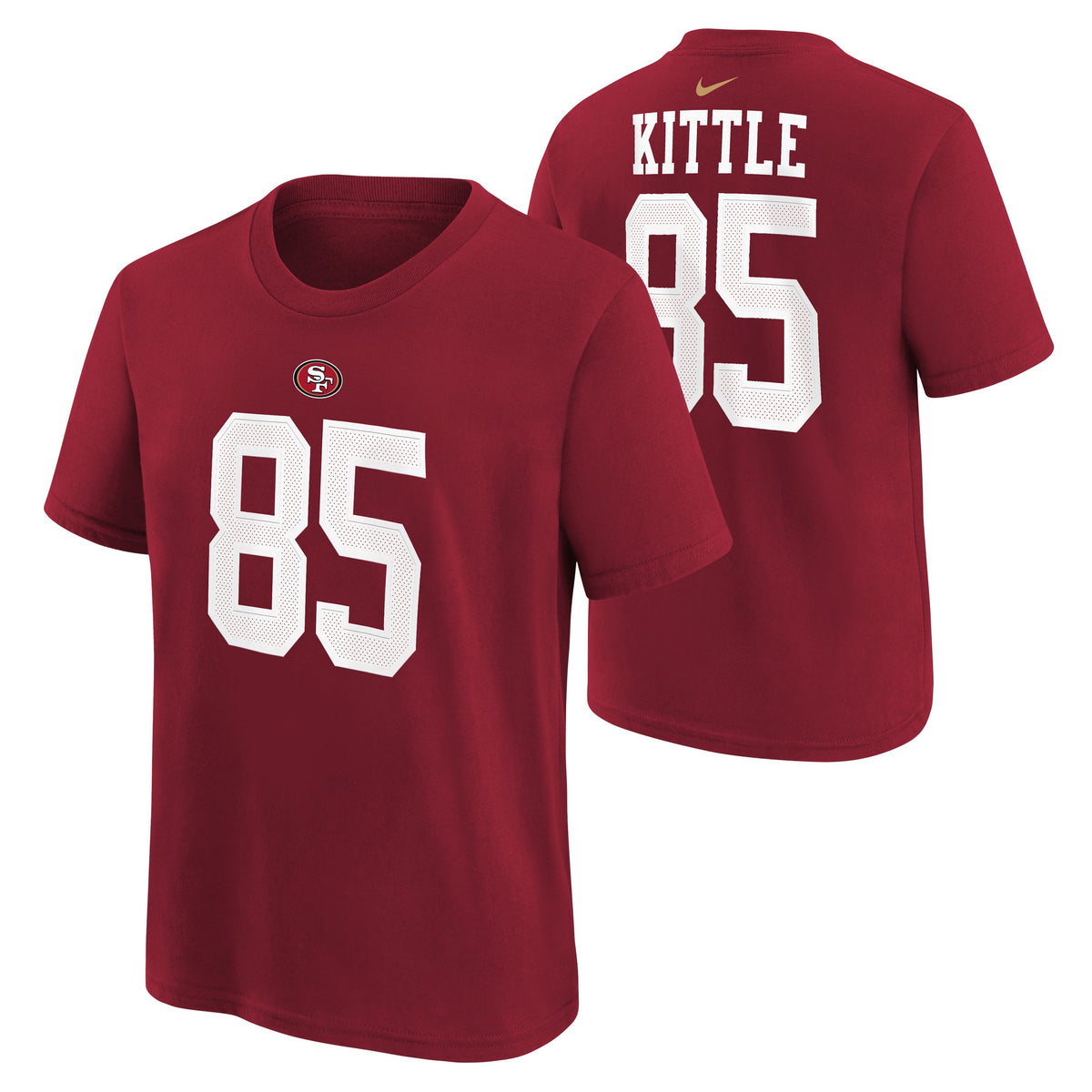 Youth George Kittle San Francisco 49ers Nike Red FUSE Name & Number T-Shirt product image 1, provided for visual reference