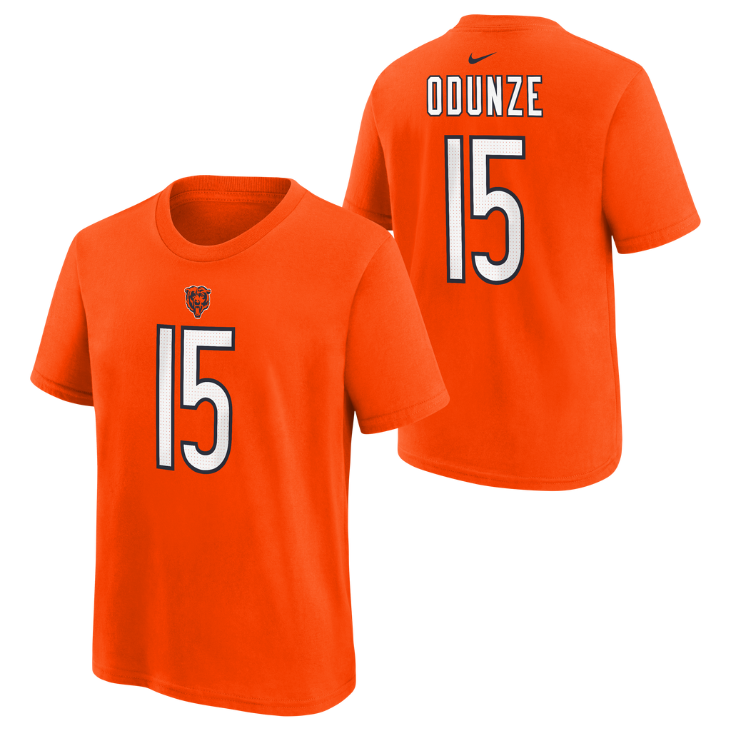 Youth Rome Odunze Chicago Bears Nike Orange FUSE Name & Number T-Shirt product image 1, provided for visual reference and