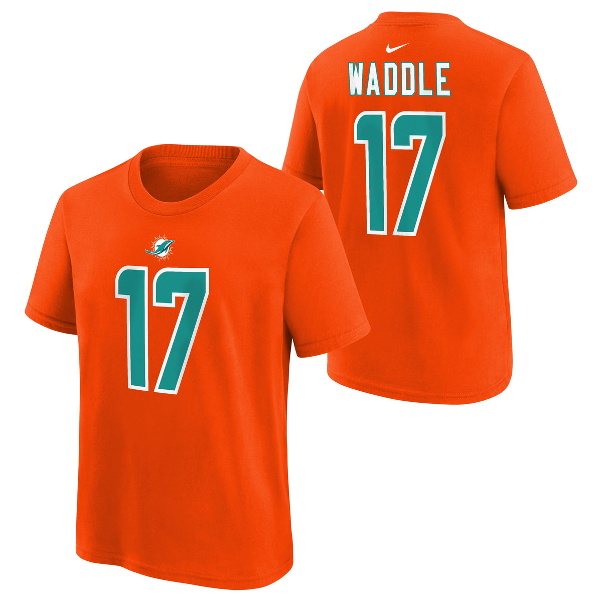 Youth Jaylen Waddle Miami Dolphins Nike Orange FUSE Name & Number T-Shirt product image 1, provided for visual reference and