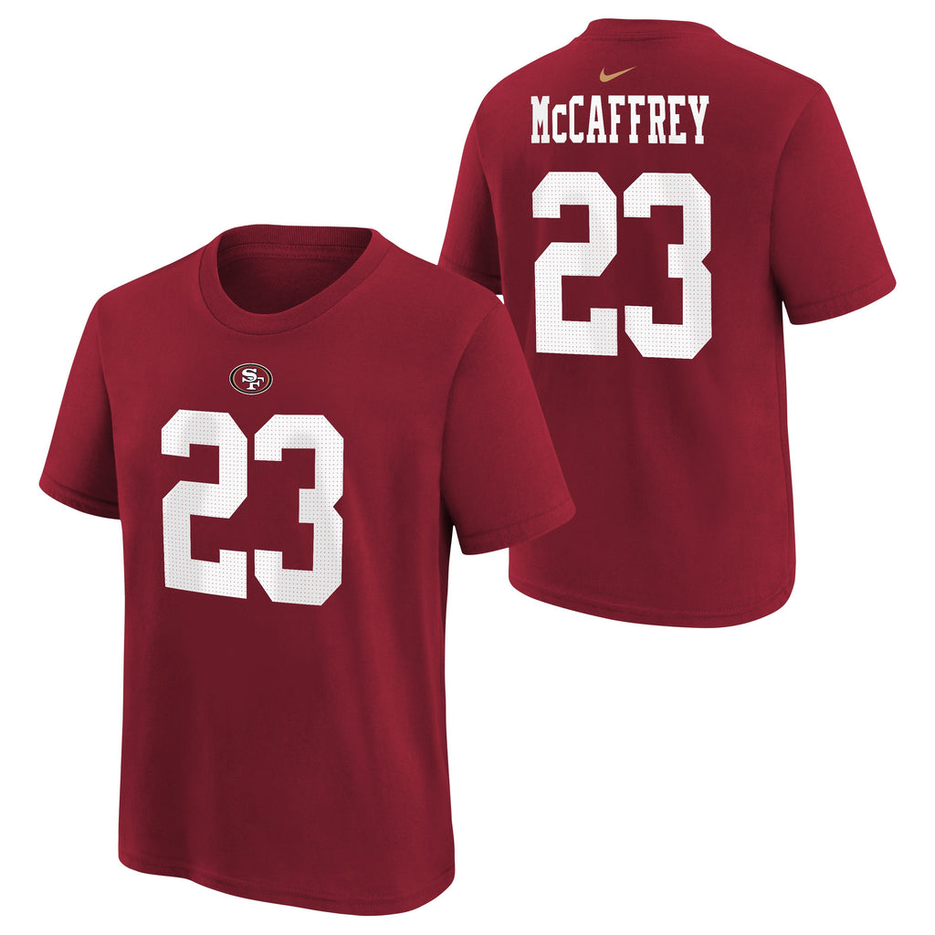 Youth San Francisco 49ers Christian McCaffrey Scarlet Nike Player Name & Number T-Shirt product image 1, provided for visual