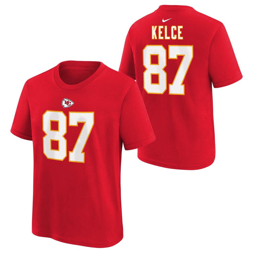 Youth Kansas City Chiefs Travis Kelce Nike Red FUSE Name & Number T-Shirt product image 1, provided for visual reference and