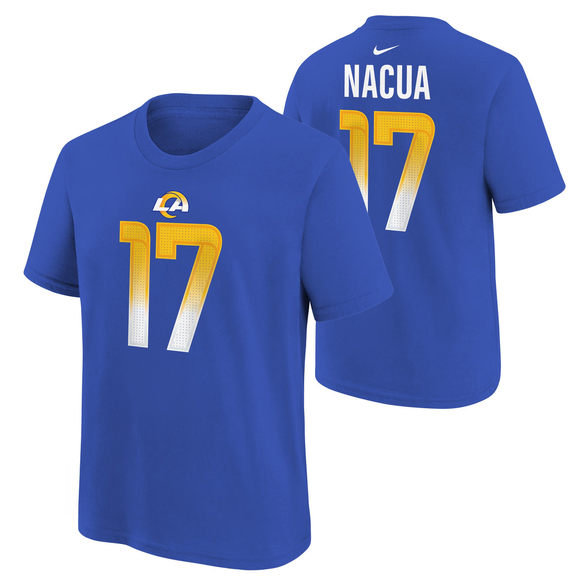 Youth Puka Nacua Los Angeles Rams Rookie #17 Royal Blue Nike FUSE Name and Number T-Shirt product image 1, provided for