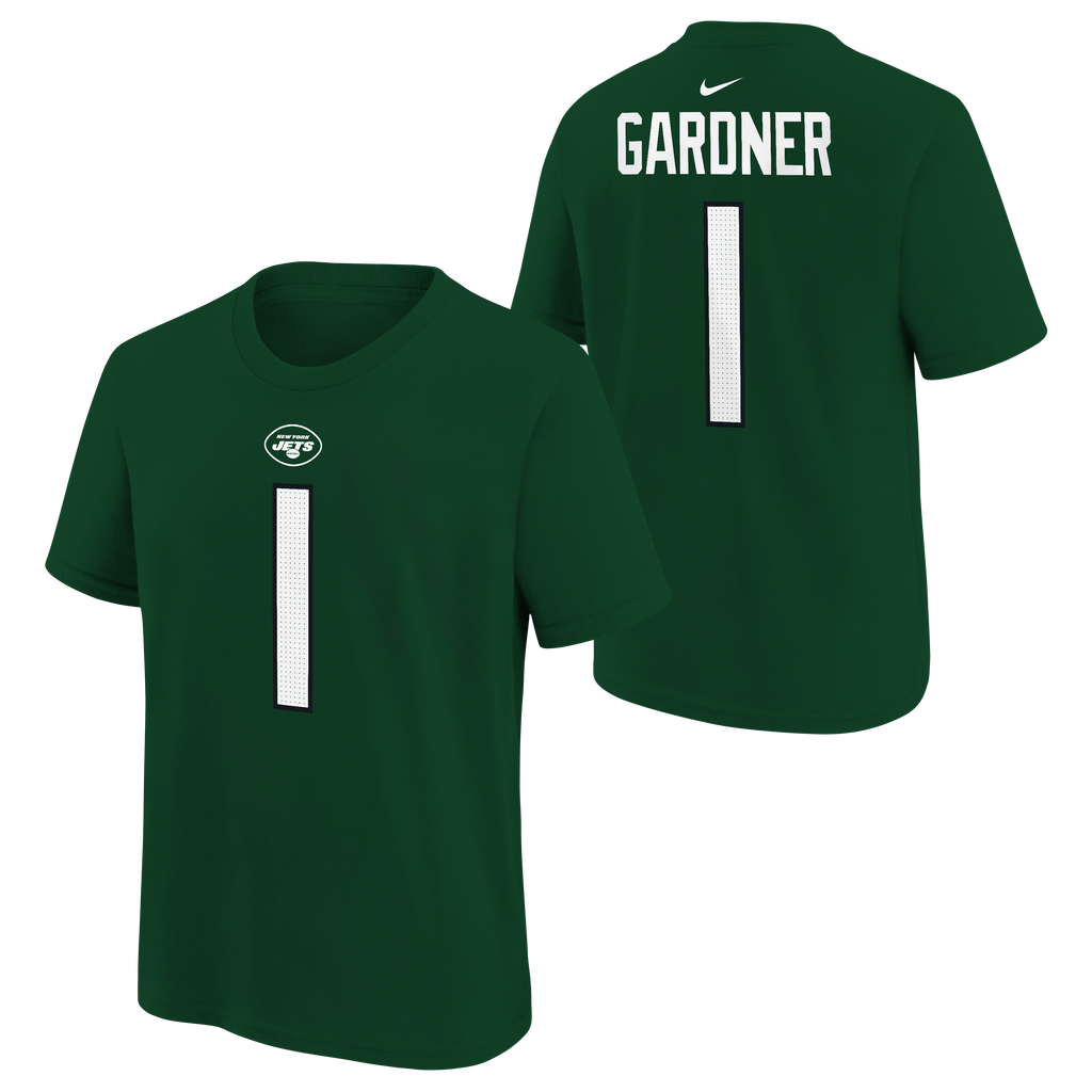 Youth New York Jets Sauce Gardner Nike Green FUSE Name & Number T-Shirt product image 1, provided for visual reference and