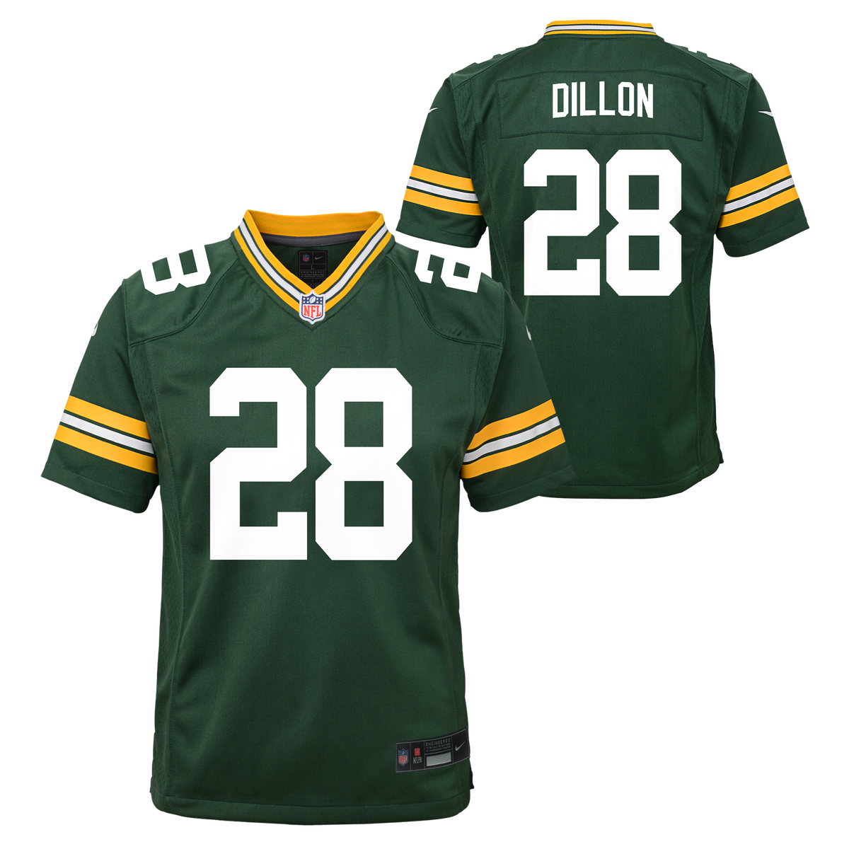 Youth Green Bay Packers A.J. Dillon Nike Green Game Jersey product image 1, provided for visual reference and product detail