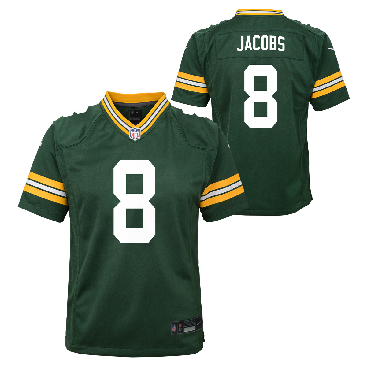 Youth Green Bay Packers Josh Jacobs Nike Green Game Jersey product image 1, provided for visual reference and product detail