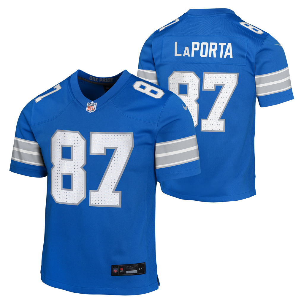 Youth Detroit Lions Sam LaPorta Nike Blue Game Jersey product image 1, provided for visual reference and product detail