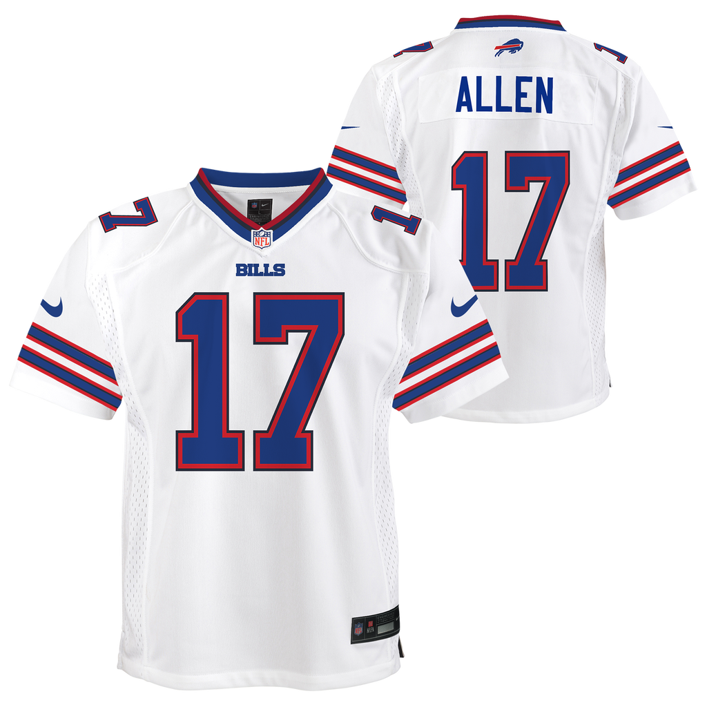 Youth Josh Allen Buffalo Bills Nike White Road Game Player Jersey product image 1, provided for visual reference and product
