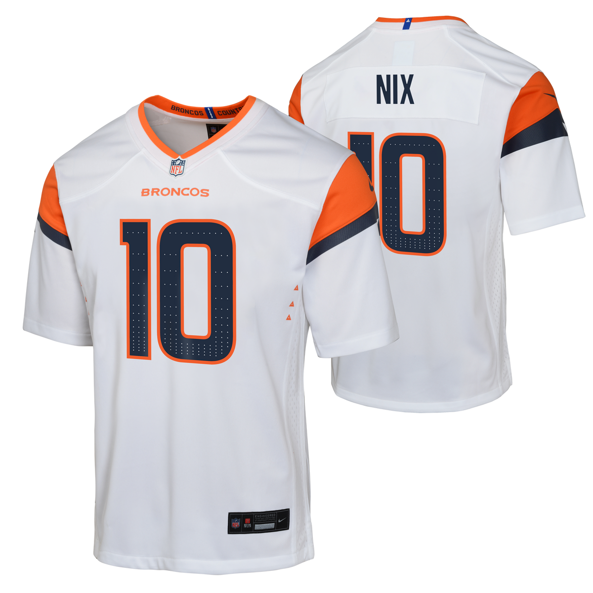 Youth Denver Broncos Bo Nix Nike White Road Team Jersey product image 1, provided for visual reference and product detail