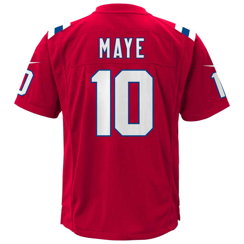Youth Drake Maye New England Patriots Nike Red Alternate Jersey product image 2, provided for visual reference and product