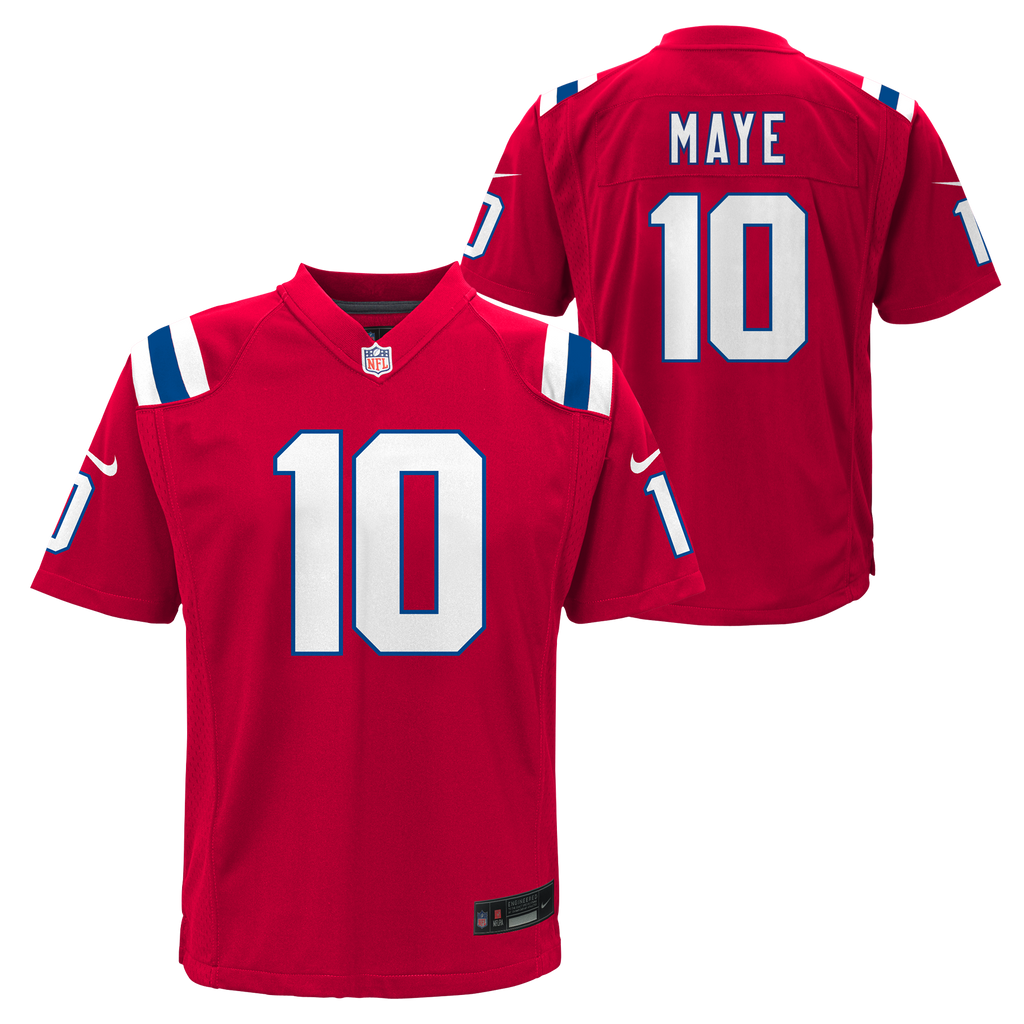 Youth Drake Maye New England Patriots Nike Red Alternate Jersey product image 1, provided for visual reference and product