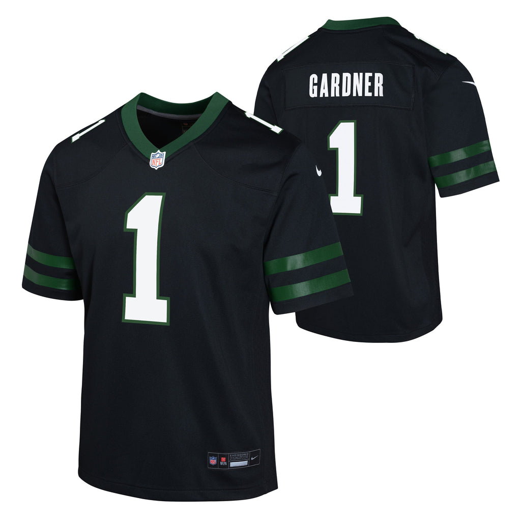 Youth Sauce Gardner New York Jets Nike Black Game Replica Jersey product image 1, provided for visual reference and product