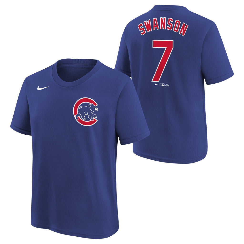 Youth Chicago Cubs Dansby Swanson Nike FUSE Royal Blue Name & Number T-Shirt product image 1, provided for visual reference