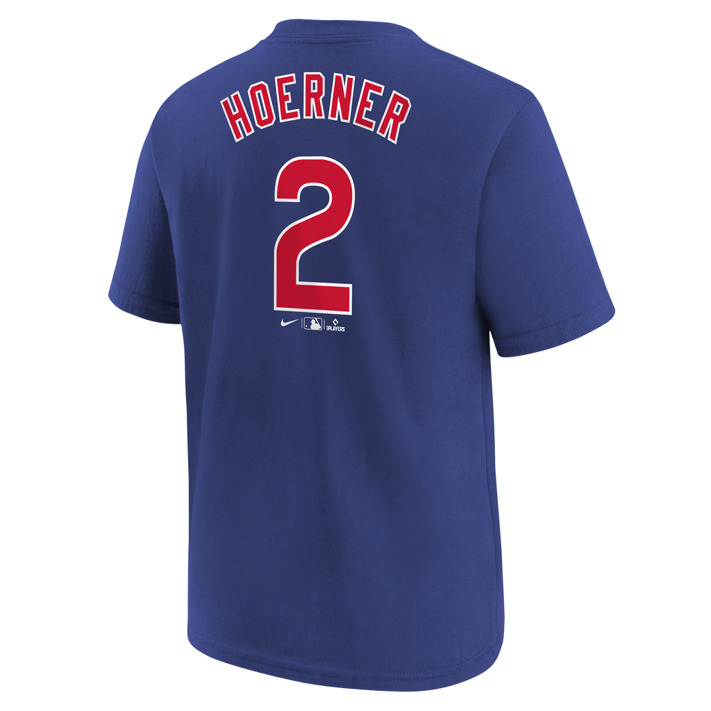Youth Chicago Cubs Nico Hoerner Nike FUSE Royal Blue Name & Number T-Shirt product image 2, provided for visual reference