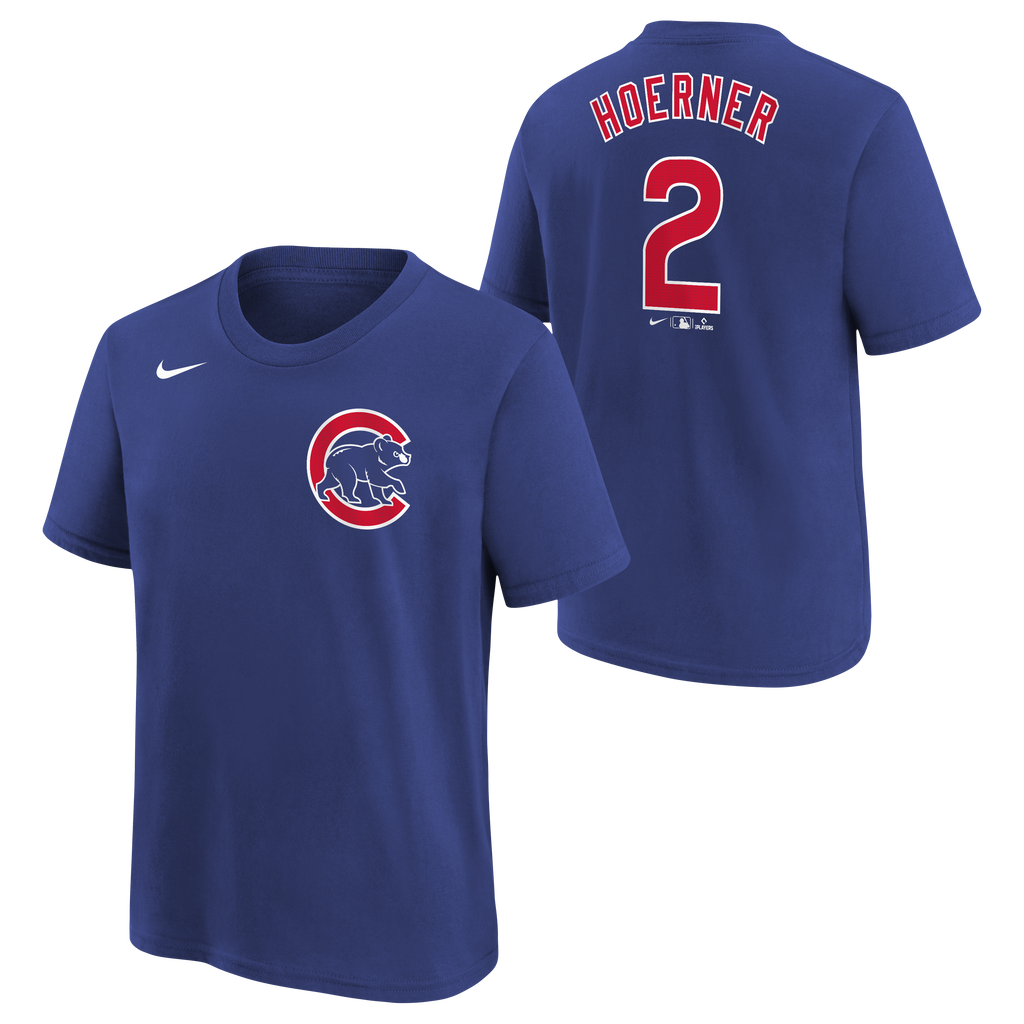 Youth Chicago Cubs Nico Hoerner Nike FUSE Royal Blue Name & Number T-Shirt product image 1, provided for visual reference