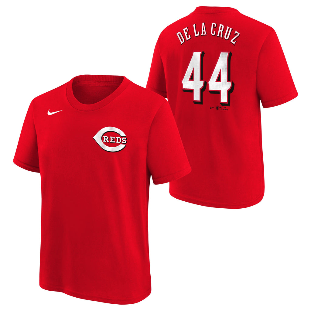 Youth Cincinnati Reds Elly De La Cruz Nike FUSE Red Player Name & Number T-Shirt product image 1, provided for visual