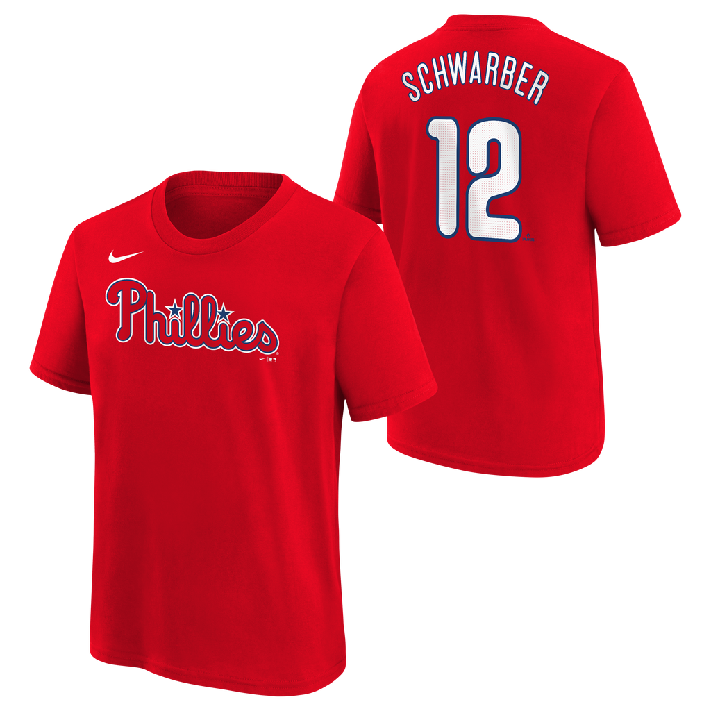 Youth Kyle Schwarber Philadelphia Phillies Nike Red FUSE Player Name & Number T-Shirt product image 1, provided for visual