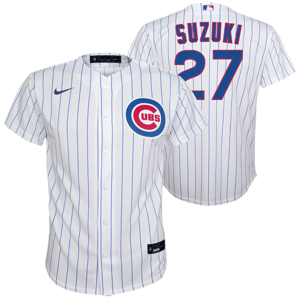 NIKE Youth Seiya Suzuki Chicago Cubs White Home Game Replica Jersey product image 1, provided for visual reference and
