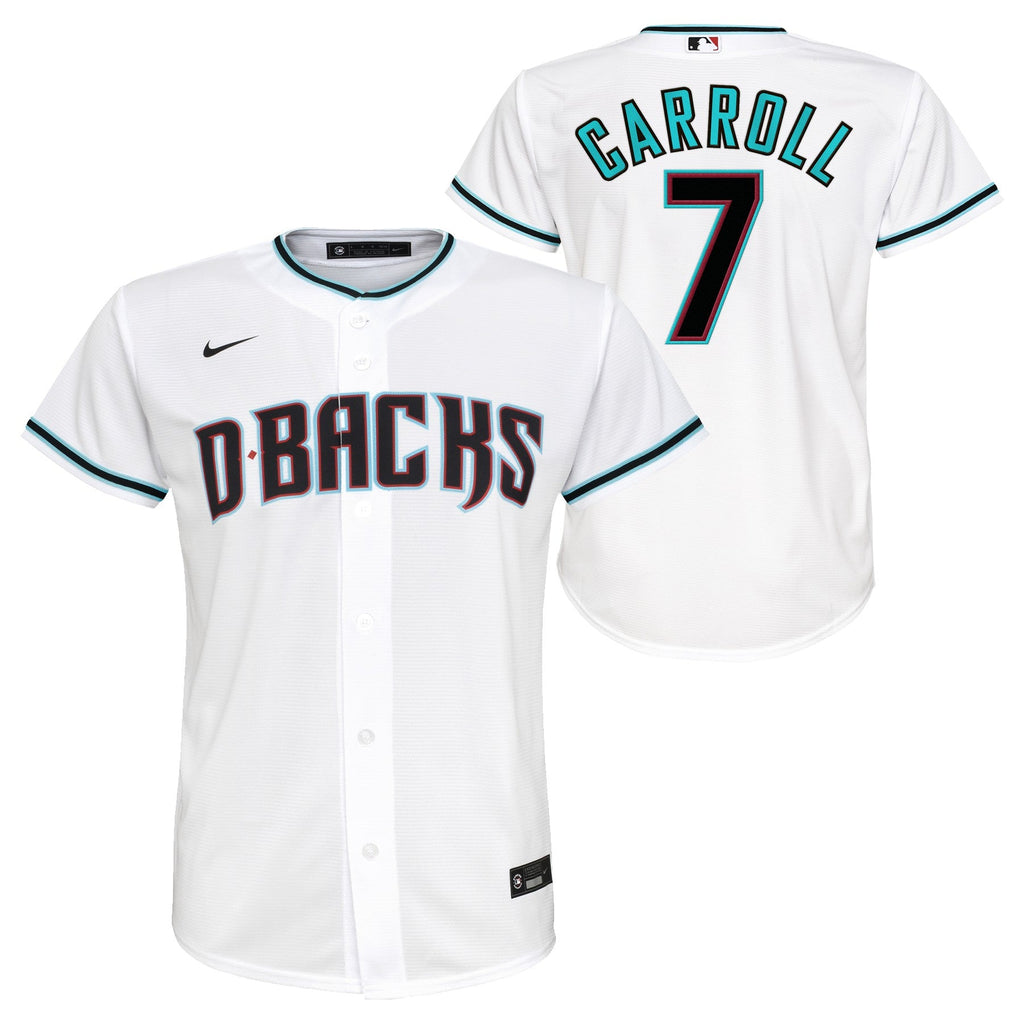 Youth Corbin Carroll Arizona Diamondbacks White Home Replica NIKE Screen Print Jersey product image 1, provided for visual