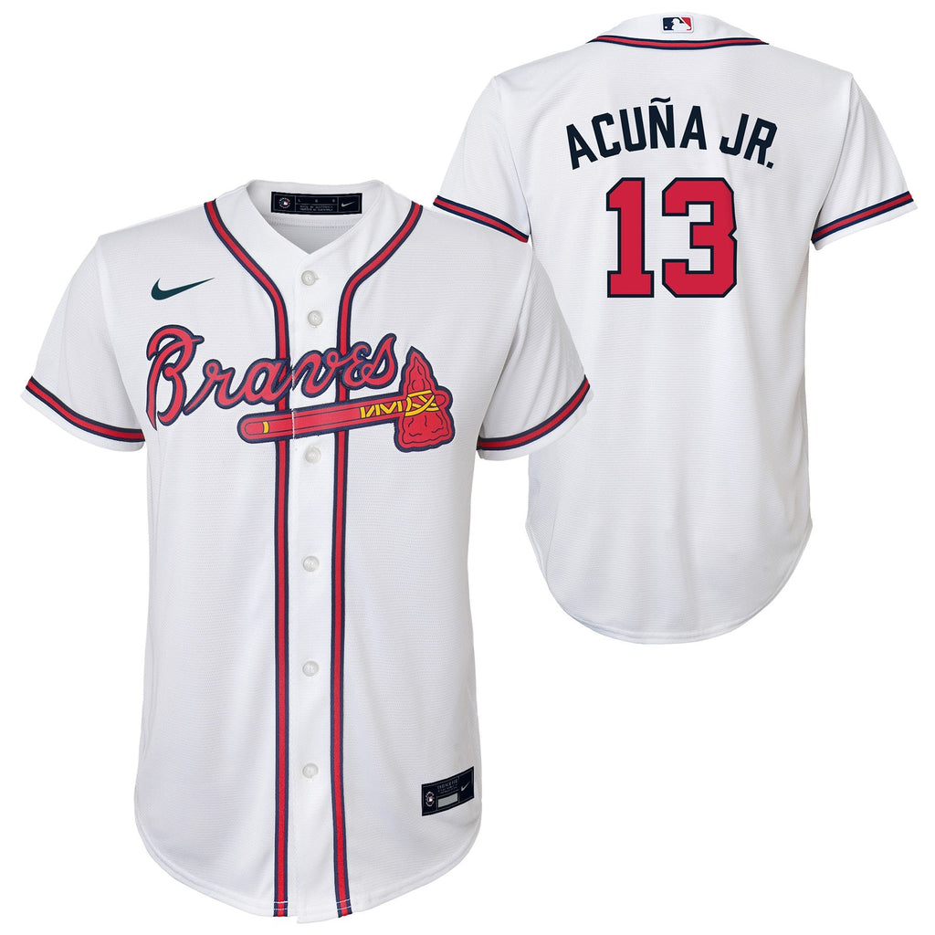 Youth Ronald Acuna Jr. Atlanta Braves White Home Replica NIKE Screen Print Jersey product image 1, provided for visual
