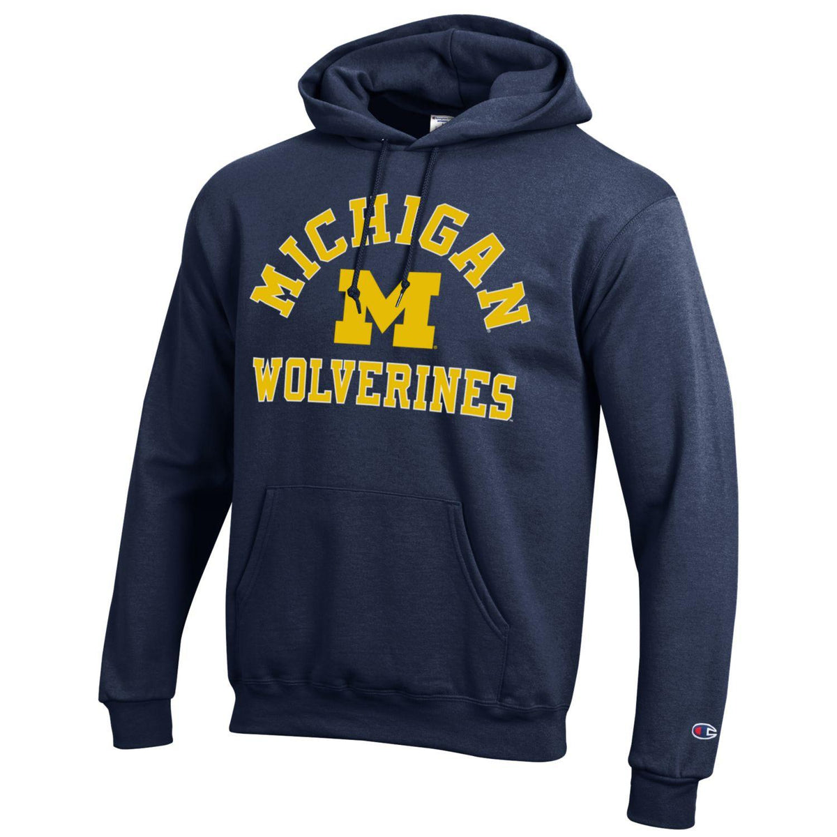 Michigan Wolverines Navy Champion Powerblend Fleece Pullover Hoodie for Men product image 1, provided for visual reference