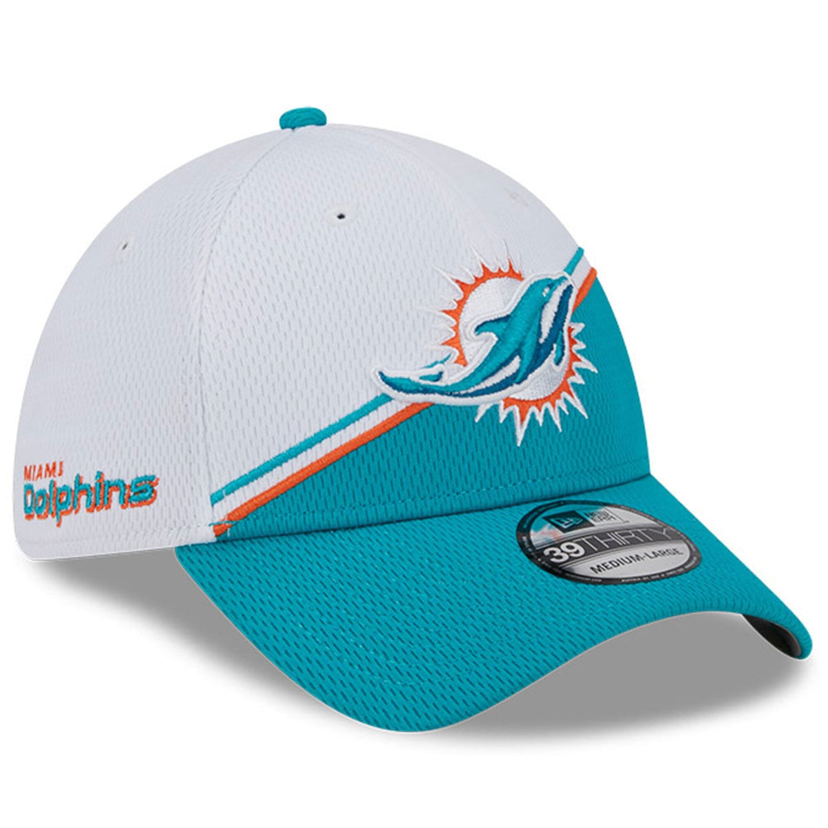 Miami Dolphins Primary Logo New Era White/Aqua 2023 Sideline 39THIRTY Flex Hat for Men product image 1, provided for visual