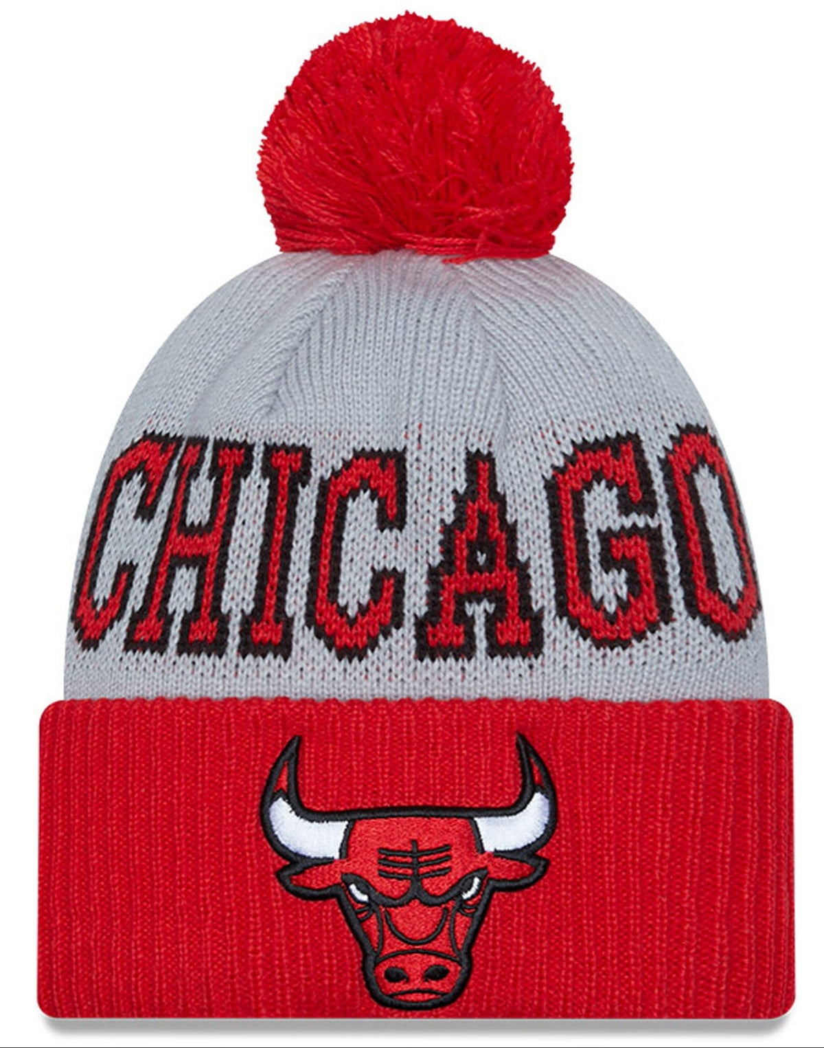 Chicago Bulls 2023 NBA Tipoff New Era Gray/Red Cuffed Pom Knit Hat product image 1, provided for visual reference and