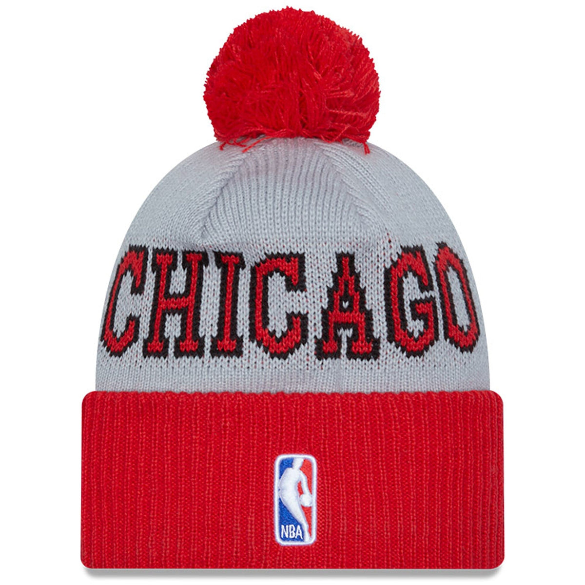 Chicago Bulls 2023 NBA Tipoff New Era Gray/Red Cuffed Pom Knit Hat product image 2, provided for visual reference and