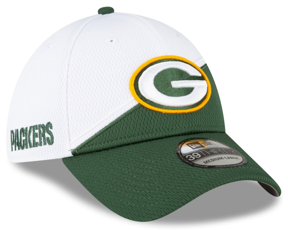 Green Bay Packers New Era White/Green 2023 Sideline 39THIRTY Flex Hat for Men product image 1, provided for visual reference