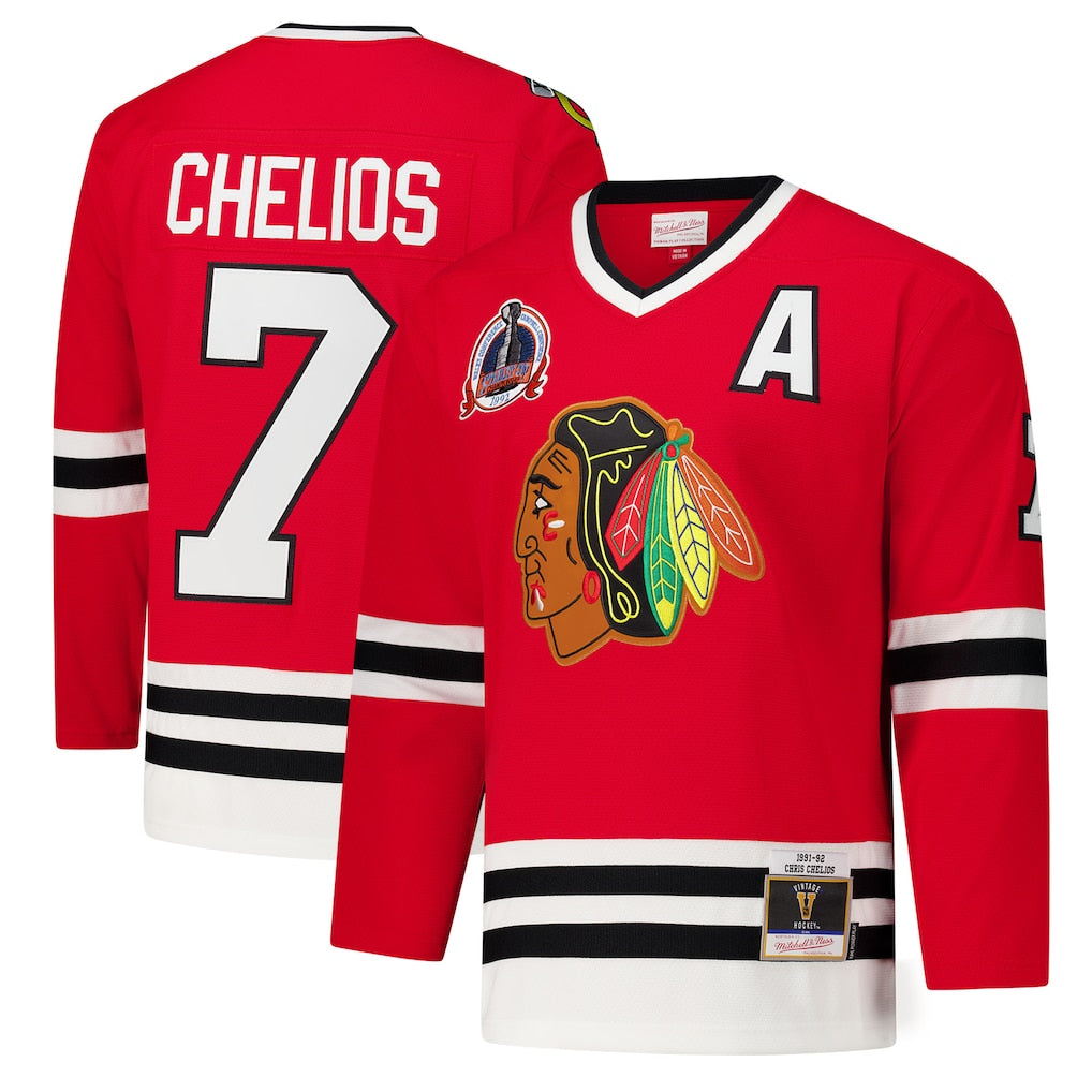 Chicago Blackhawks Chris Chelios Red 1991-92 Power Play Jersey for Men product image 1, provided for visual reference and
