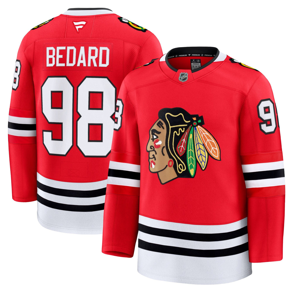 Connor Bedard Chicago Blackhawks Fanatics Red Home Premium Jersey for Men product image 1, provided for visual reference and