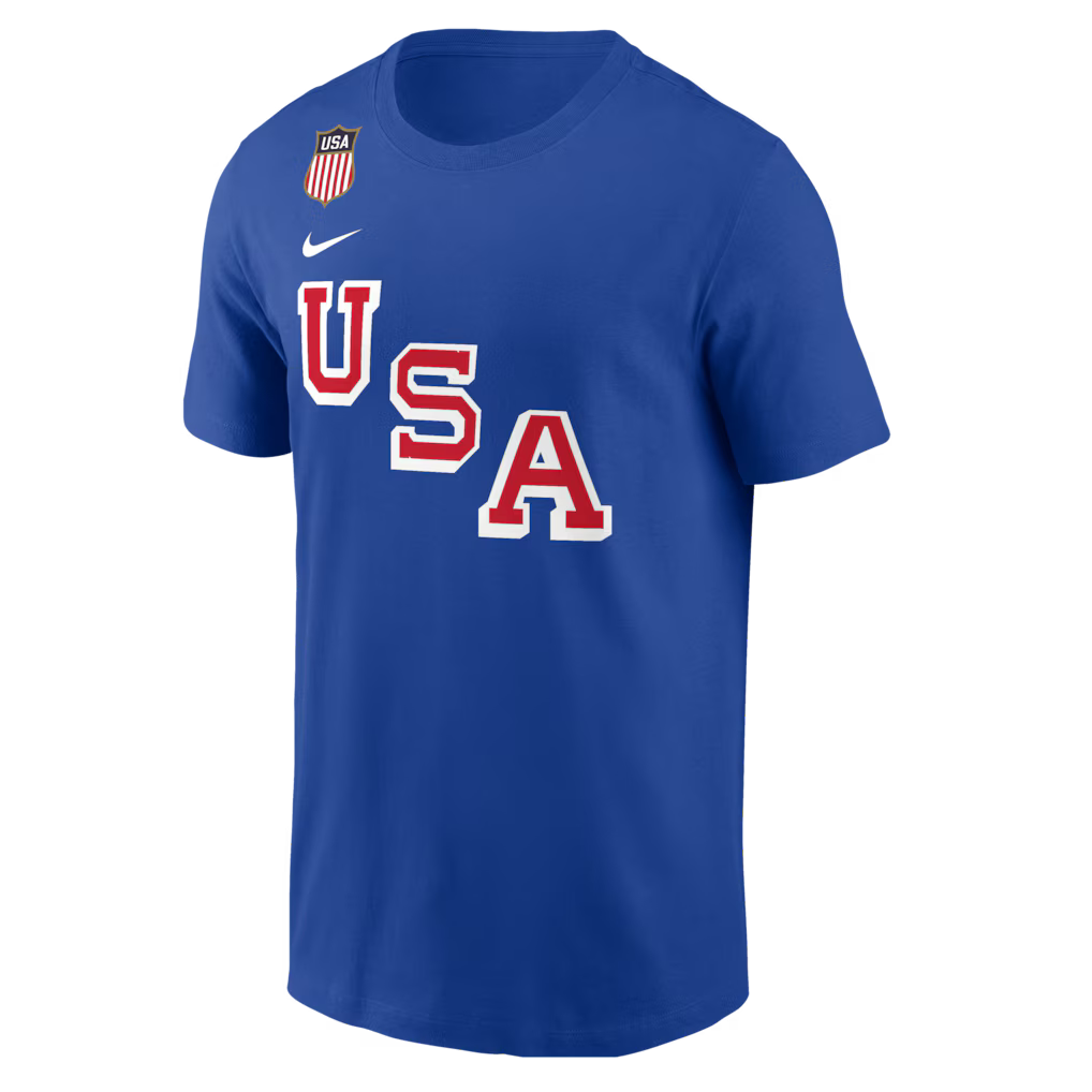 Nike Quinn Hughes Royal USA Hockey 2026 Name & Number T-Shirt for Men product image 2, provided for visual reference and
