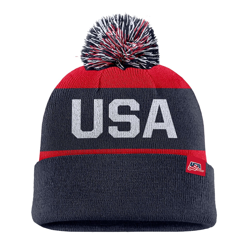 USA Hockey Nike Peak Stripe Tri-Blend Cuffed Knit Hat with Pom - Navy for Men product image 1, provided for visual reference