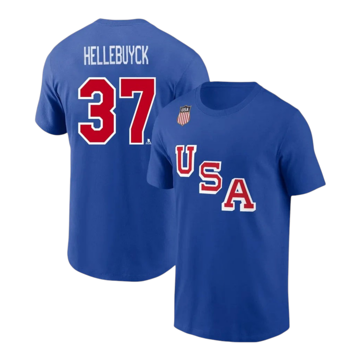Nike Connor Hellebuyck Royal USA Hockey 2026 Name & Number T-Shirt for Men product image 1, provided for visual reference