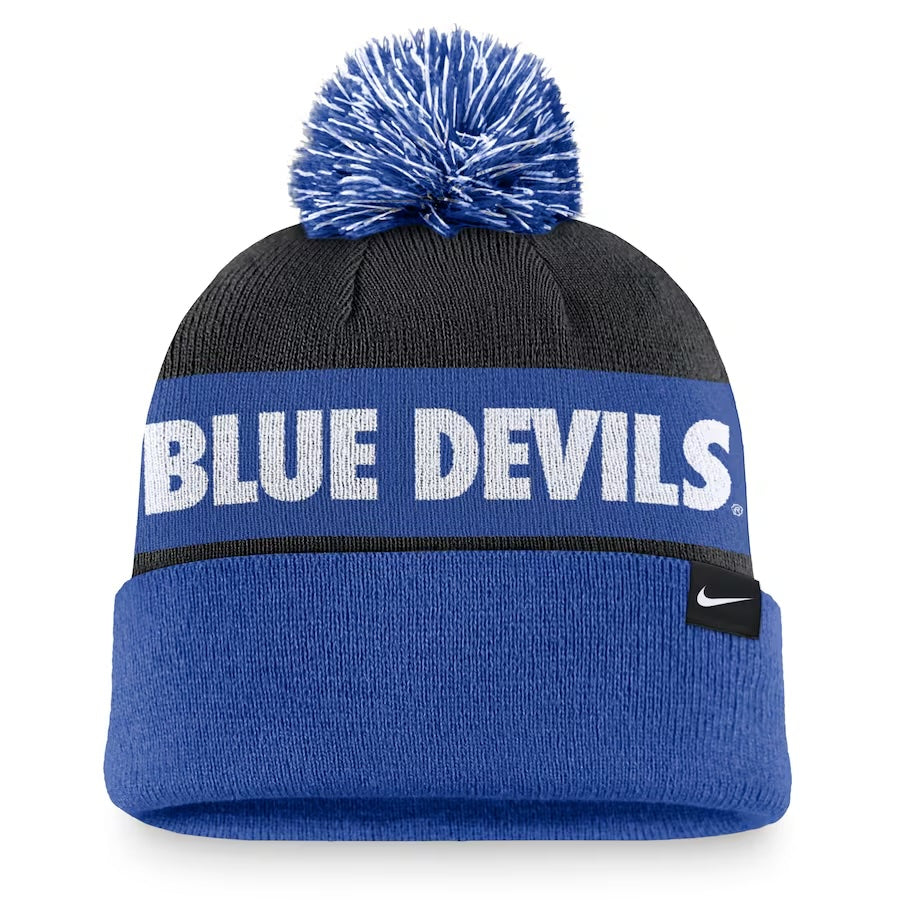 Duke Blue Devils Nike Primetime Peak Cuffed Knit Hat with Pom - Black/Royal product image 2, provided for visual reference