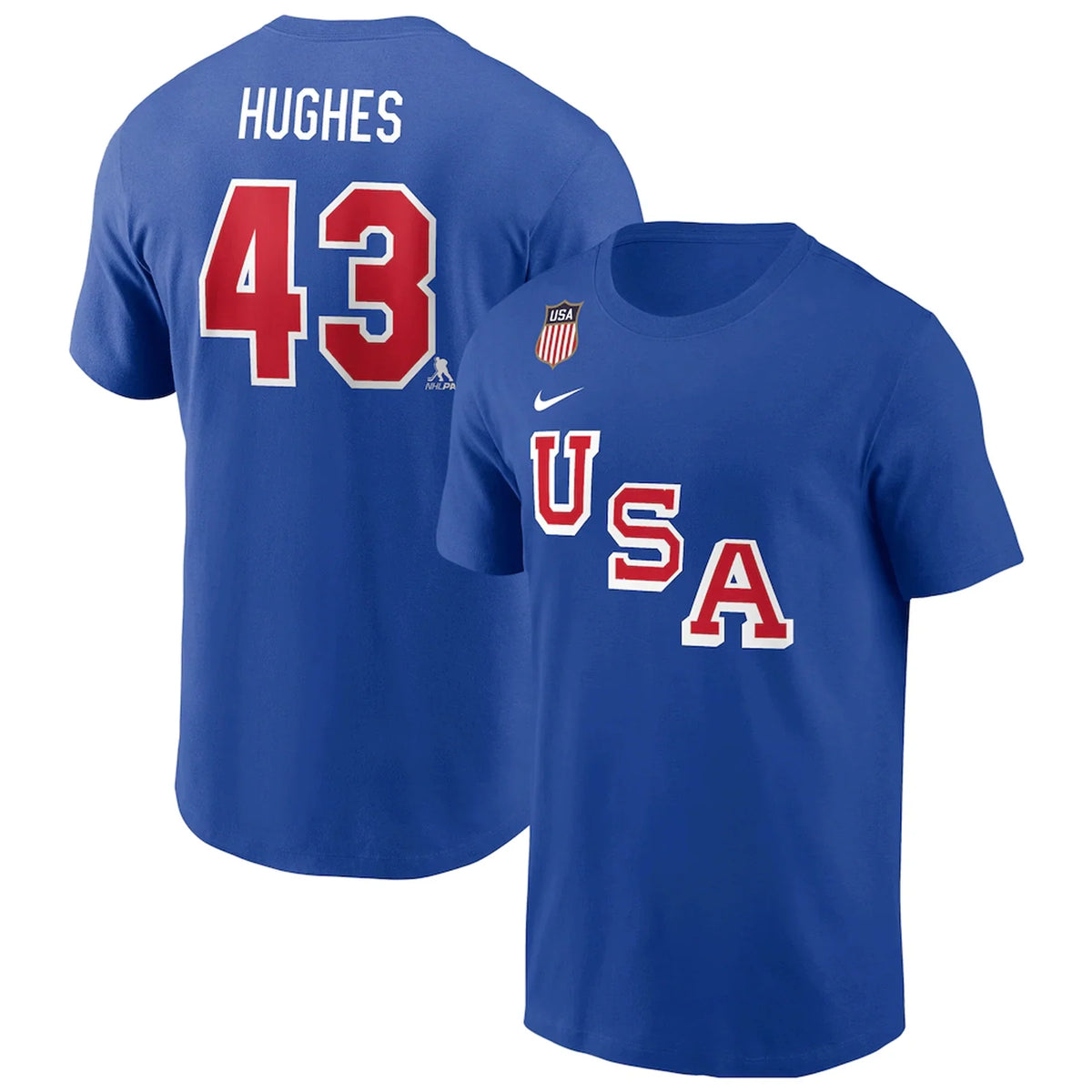 Nike Quinn Hughes Royal USA Hockey 2026 Name & Number T-Shirt for Men product image 1, provided for visual reference and