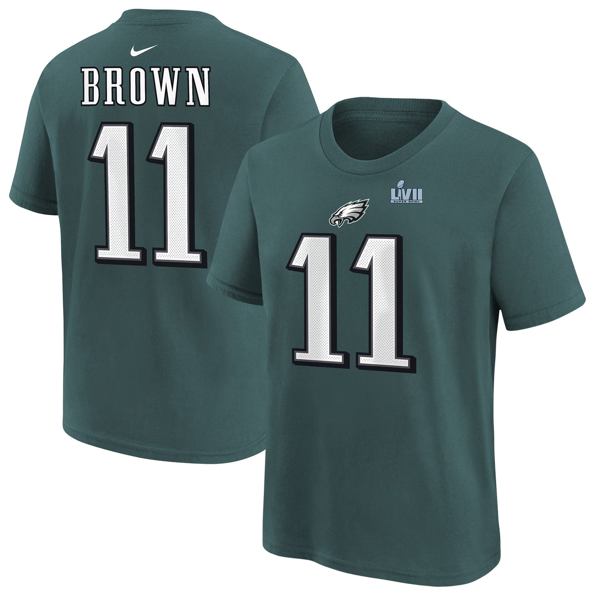 Youth Philadelphia Eagles A.J. Brown Nike Midnight Green Super Bowl LVII Name & Number T-Shirt product image 1, provided for