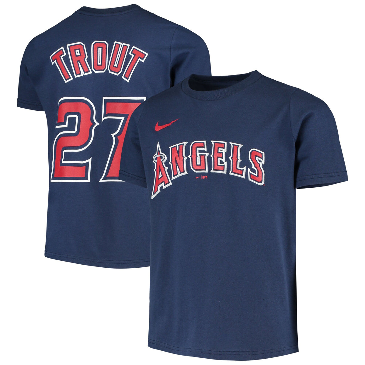 Youth Mike Trout Los Angeles Angels Nike Navy Name & Number T-Shirt product image 1, provided for visual reference and