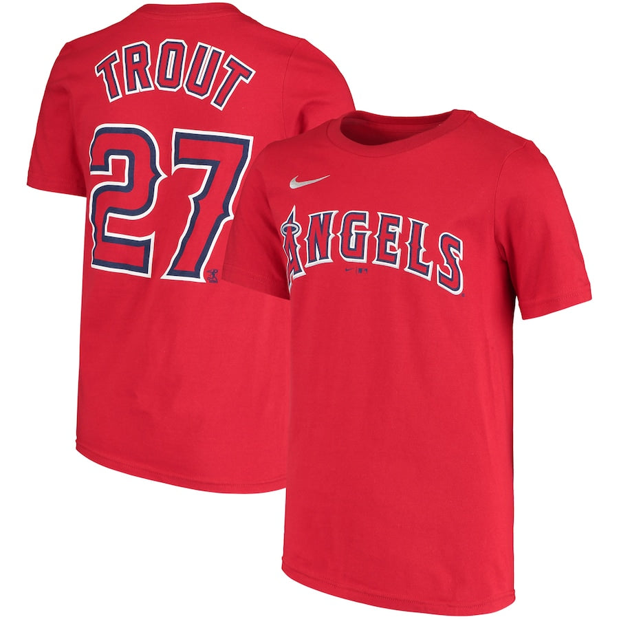 Youth Mike Trout Los Angeles Angels Nike Red Name & Number T-Shirt product image 1, provided for visual reference and