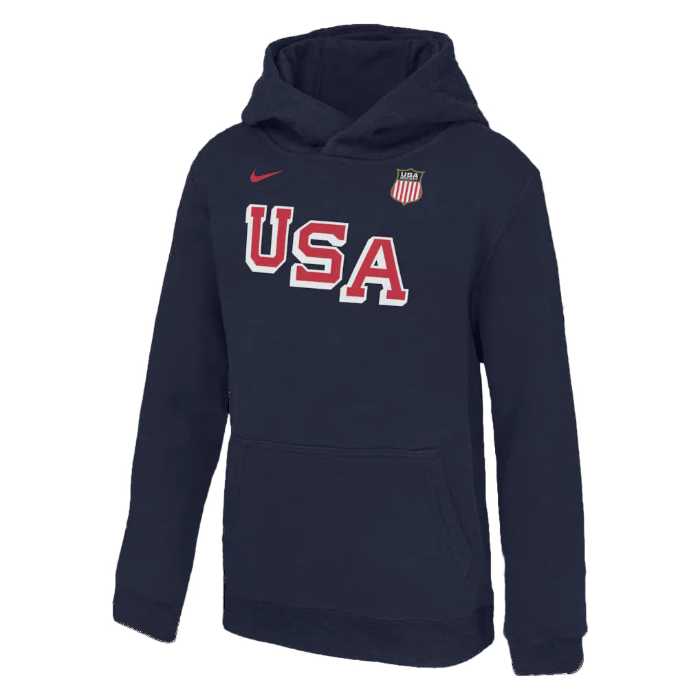 USA Hockey Nike Youth 2026 Winter Olympics Club Fleece Pullover Hoodie - Navy product image 1, provided for visual reference